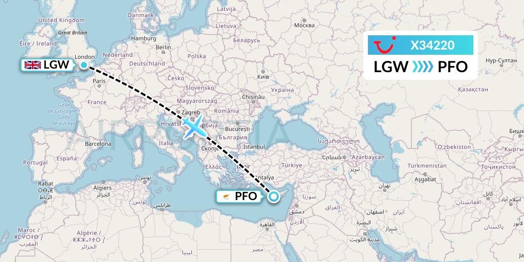 X34220 TUI fly Germany Flight Map: London to Pafos