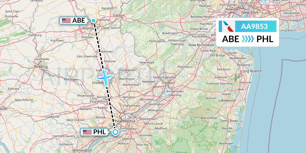 AA9853 American Airlines Flight Map: Allentown to Philadelphia