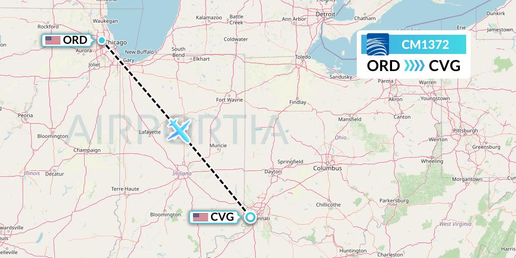 CM1372 Copa Airlines Flight Map: Chicago to Cincinnati