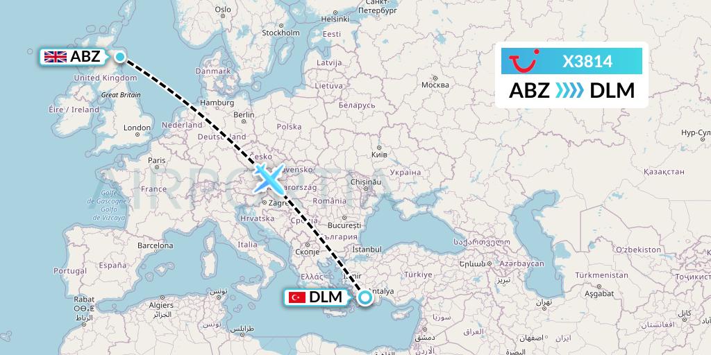 X3814 TUI fly Germany Flight Map: Aberdeen to Dalaman