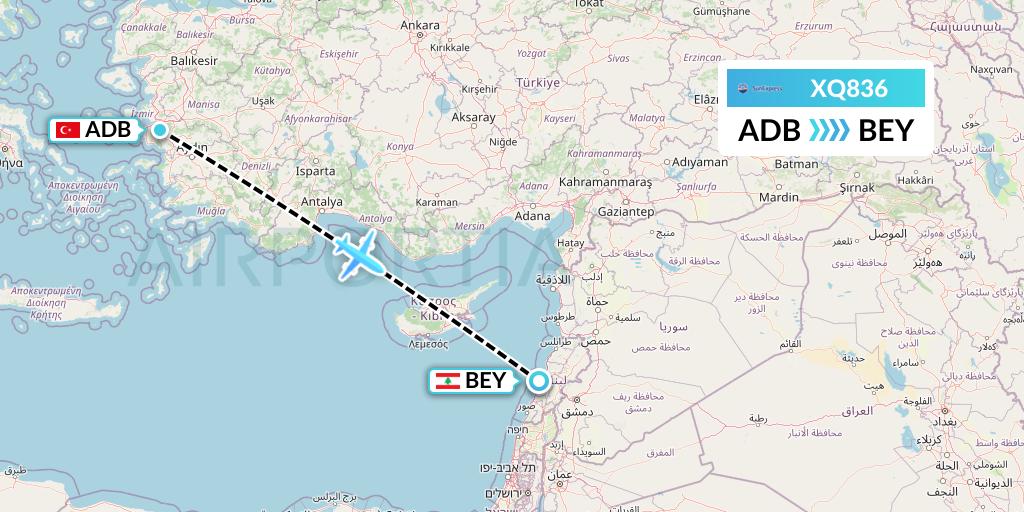 XQ836 SunExpress Flight Map: Izmir to Beirut