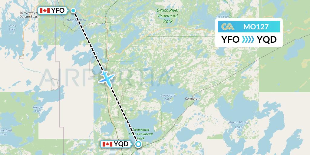 MO127 Calm Air Flight Map: Flin Flon to The Pas
