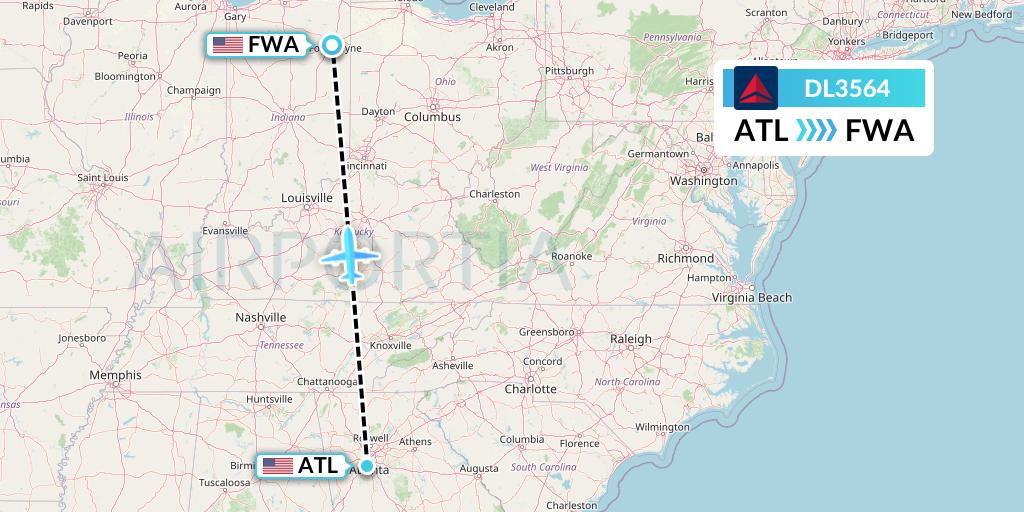DL3564 Delta Air Lines Flight Map: Atlanta to Fort Wayne