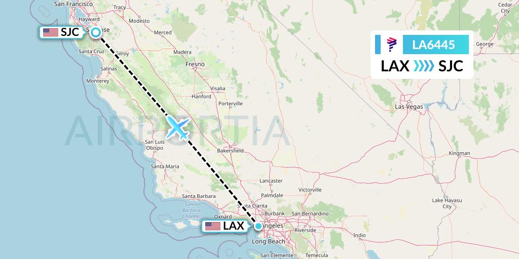 LA6445 LAN Airlines Flight Map: Los Angeles to San Jose