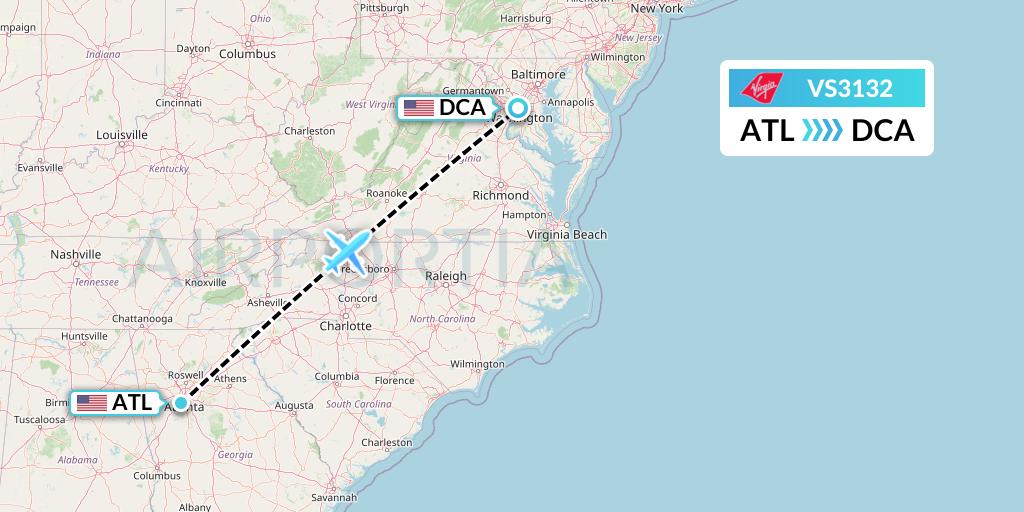 VS3132 Virgin Atlantic Airways Flight Map: Atlanta to Washington