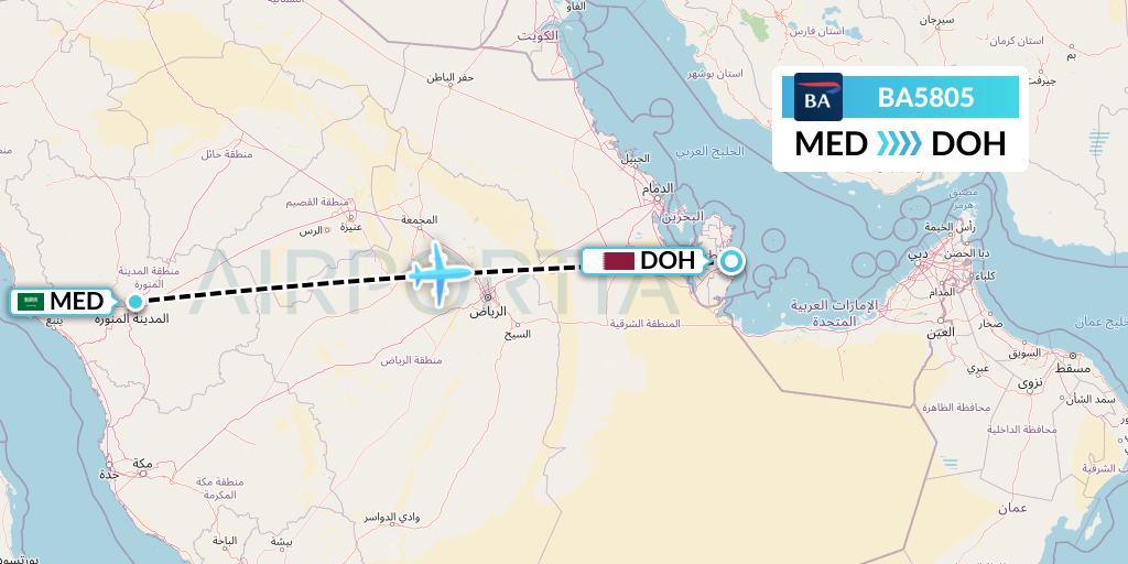 BA5805 British Airways Flight Map: Medina to Doha