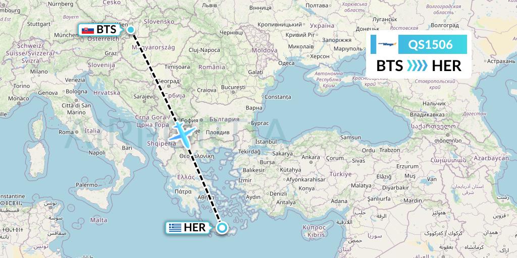 QS1506 Smartwings Flight Map: Bratislava to Heraklion