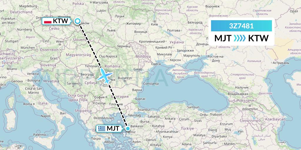 3Z7481 Travel Service Polska Flight Map: Mytilene to Katowice