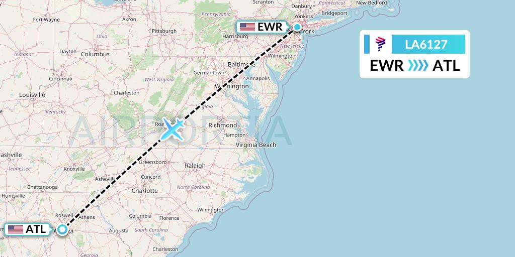 LA6127 LAN Airlines Flight Map: New York to Atlanta