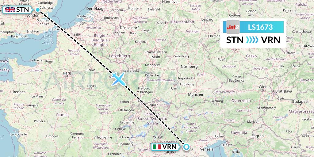 LS1673 Jet2 Flight Map: London to Verona
