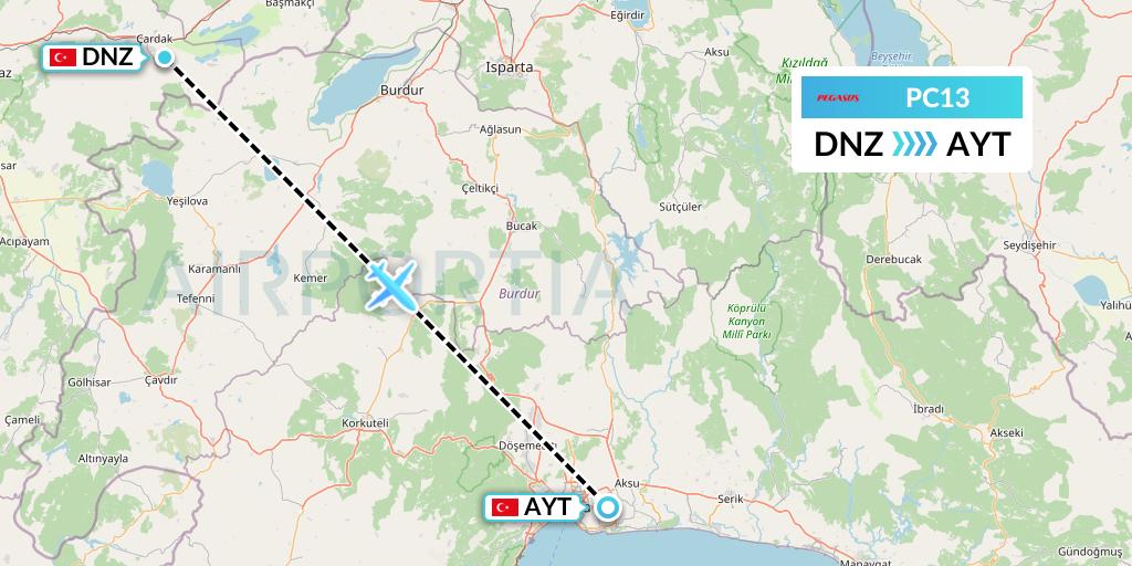 PC13 Pegasus Airlines Flight Map: Cardak to Antalya