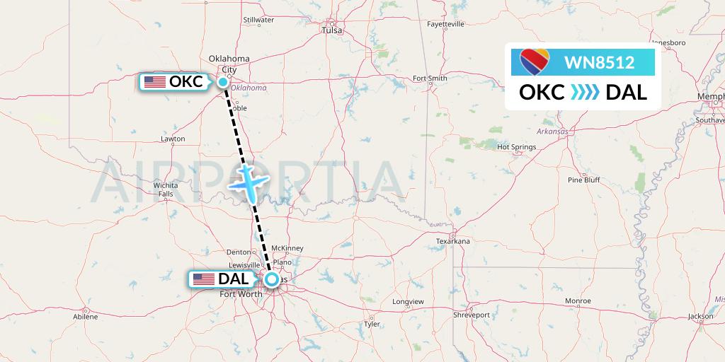WN8512 Southwest Airlines Flight Map: Oklahoma City to Dallas