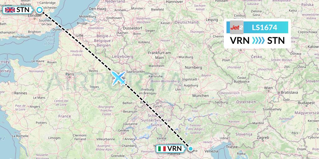 LS1674 Jet2 Flight Map: Verona to London