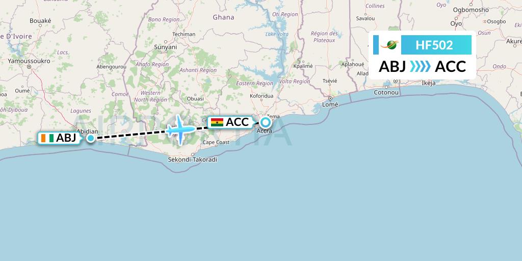 HF502 Air Cote d'Ivoire Flight Map: Abidjan to Accra
