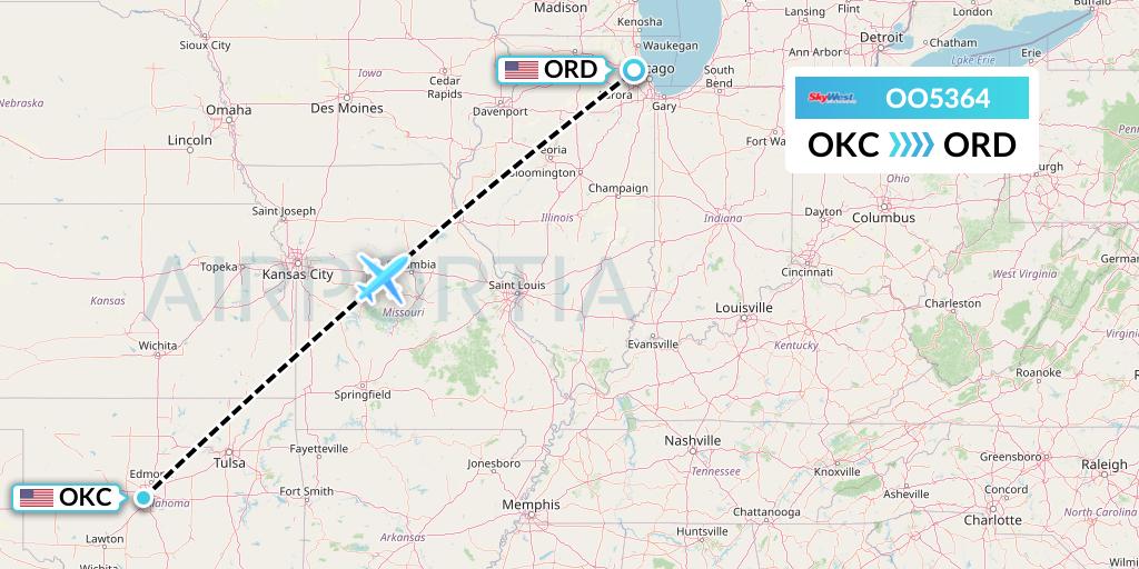 OO5364 SkyWest Airlines Flight Map: Oklahoma City to Chicago