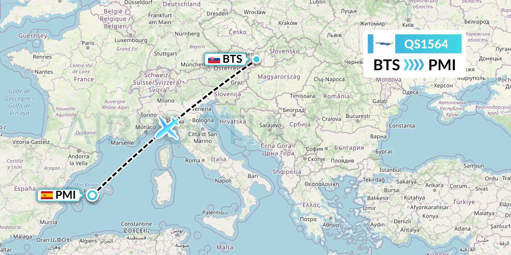 QS1564 Smartwings Flight Map: Bratislava to Palma de Mallorca