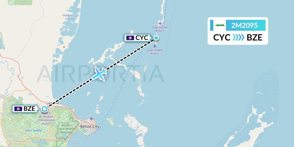 2M2095 Maya Island Air Flight Map: Caye Chapel to Belize City