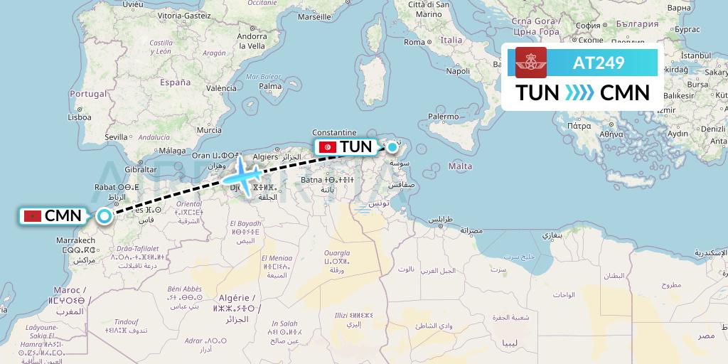 AT249 Royal Air Maroc Flight Map: Tunis to Casablanca