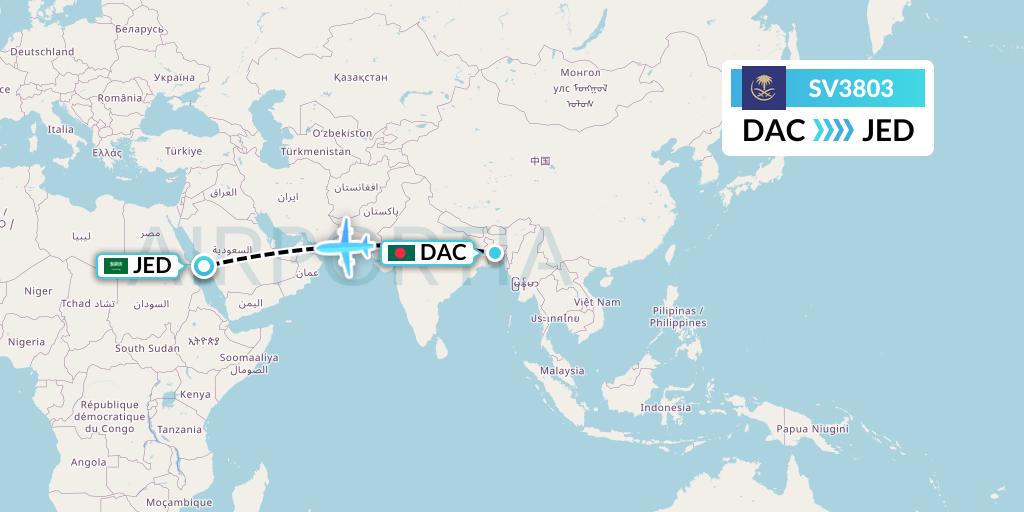 SV3803 Saudi Arabian Airlines Flight Map: Dhaka to Jeddah
