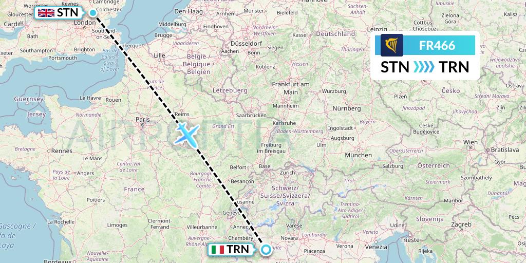 FR466 Ryanair Flight Map: London to Turin