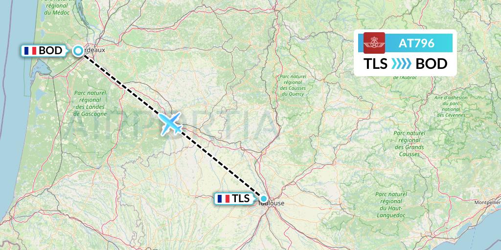 AT796 Royal Air Maroc Flight Map: Toulouse to Bordeaux