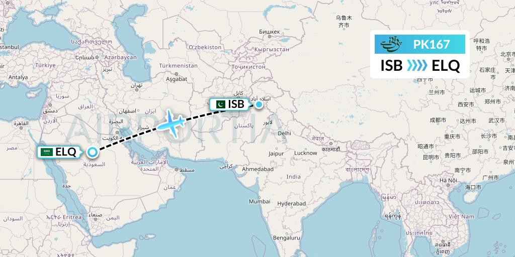 PK167 Pakistan International Airlines Flight Map: Islamabad to Al-Qassim