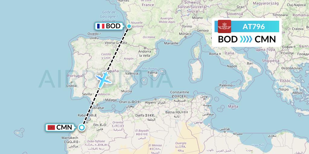 AT796 Royal Air Maroc Flight Map: Bordeaux to Casablanca