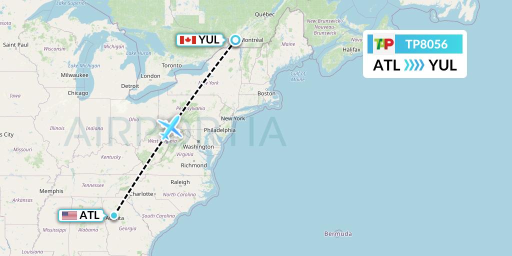 TP8056 TAP Portugal Flight Map: Atlanta to Montreal