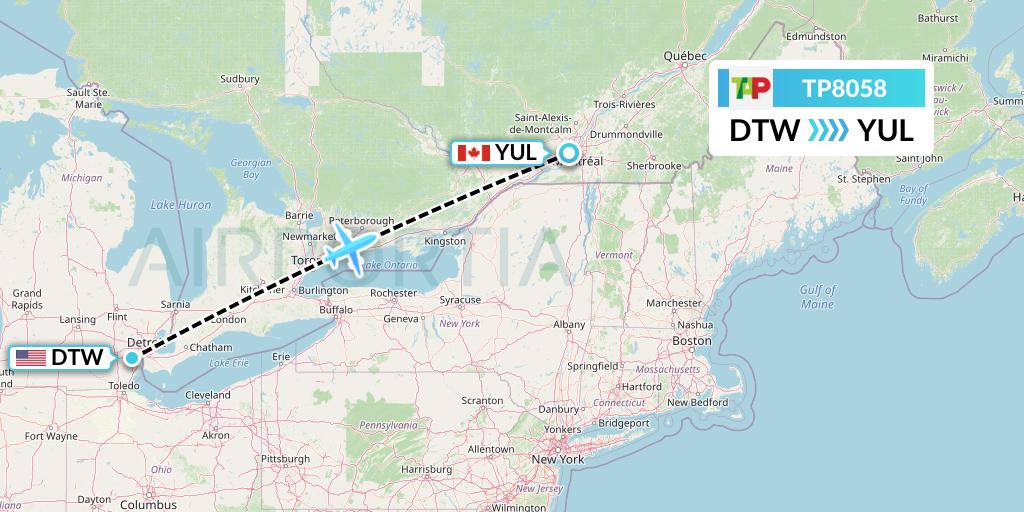 TP8058 TAP Portugal Flight Map: Detroit to Montreal