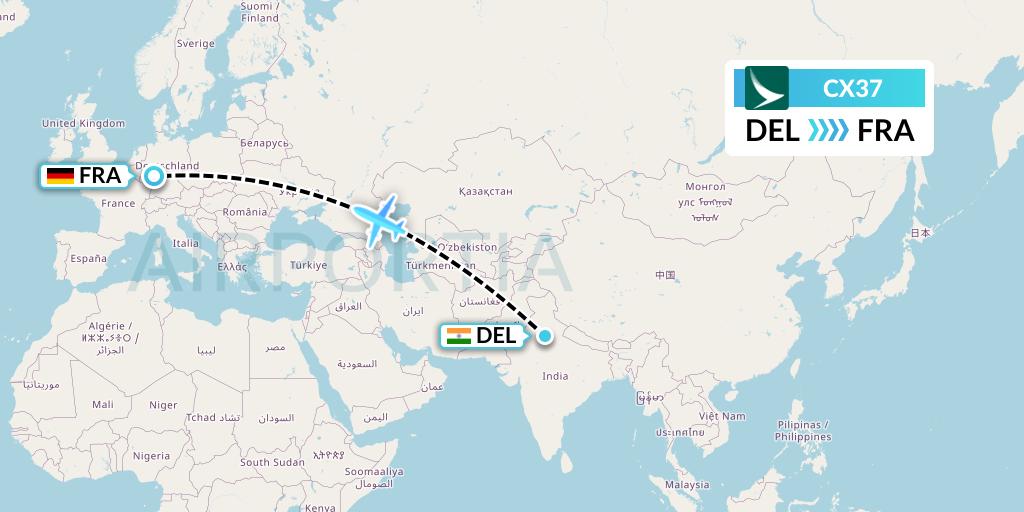 CX37 Cathay Pacific Flight Map: Delhi to Frankfurt