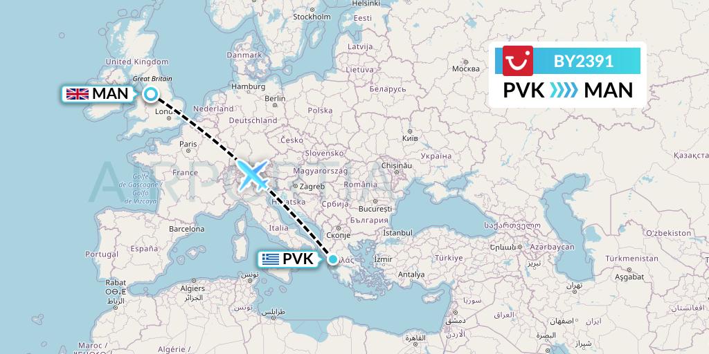 BY2391 TUI Airways Flight Map: Preveza to Manchester
