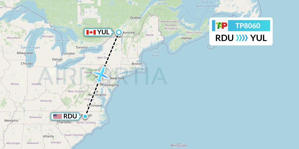 TP8060 TAP Portugal Flight Map: Raleigh-Durham to Montreal