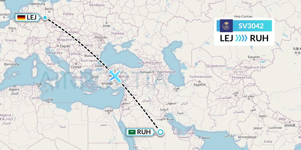 SV3042 Saudi Arabian Airlines Flight Map: Leipzig to Riyadh