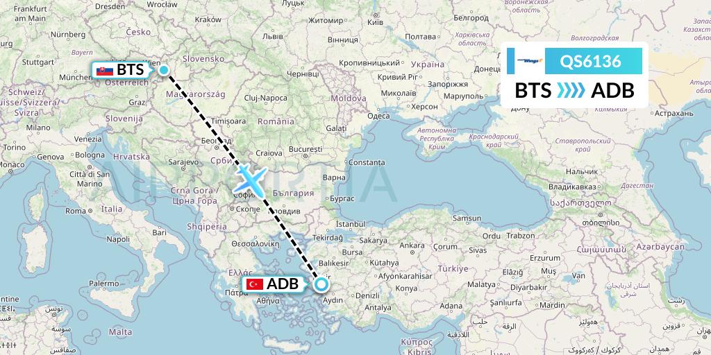 QS6136 Smartwings Flight Map: Bratislava to Izmir