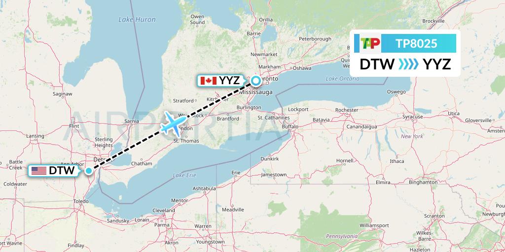 TP8025 TAP Portugal Flight Map: Detroit to Toronto