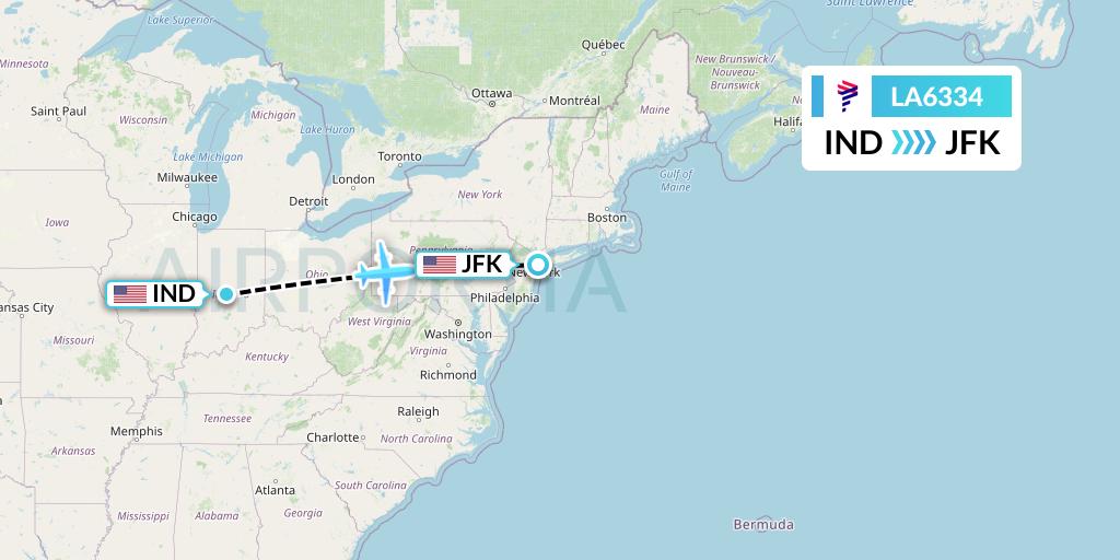 LA6334 LAN Airlines Flight Map: Indianapolis to New York