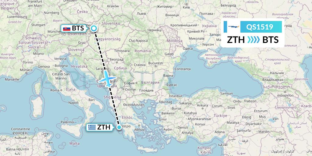 QS1519 Smartwings Flight Map: Zakynthos to Bratislava
