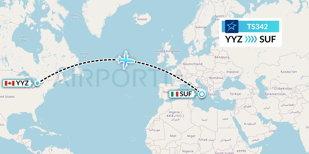 TS342 Air Transat Flight Map: Toronto to Lamezia Terme