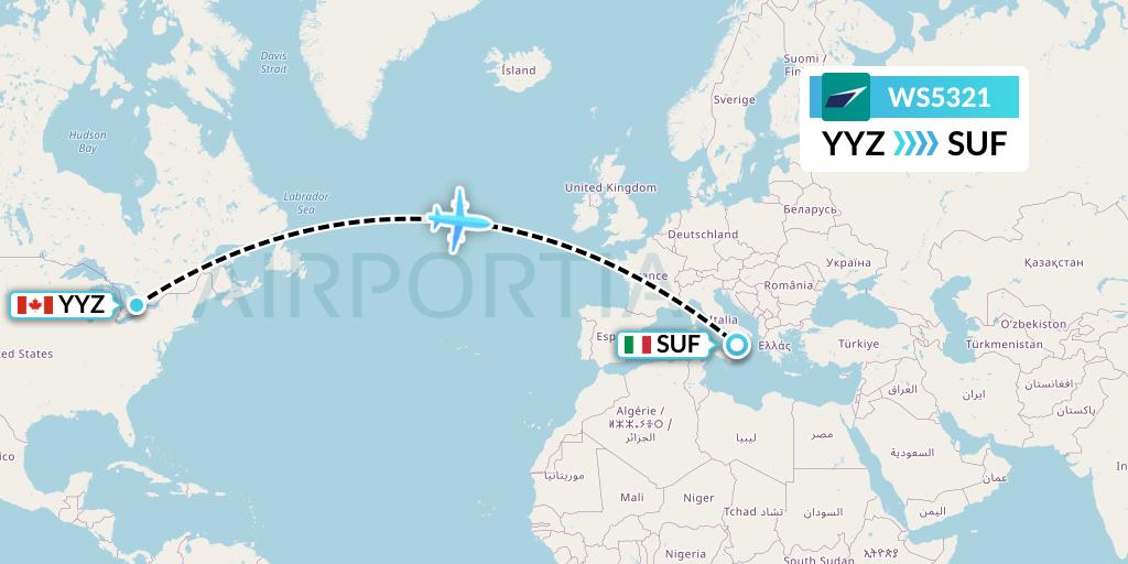 WS5321 WestJet Flight Map: Toronto to Lamezia Terme