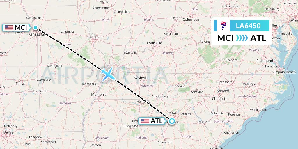 LA6450 LAN Airlines Flight Map: Kansas City to Atlanta