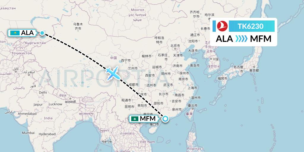 TK6230 Turkish Airlines Flight Map: Almaty to Macau