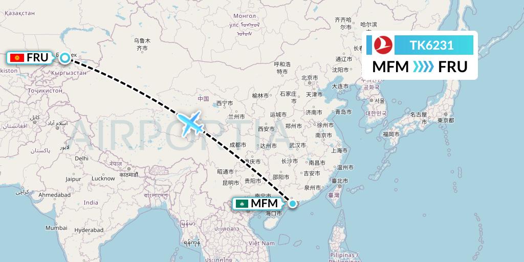 TK6231 Turkish Airlines Flight Map: Macau to Bishkek