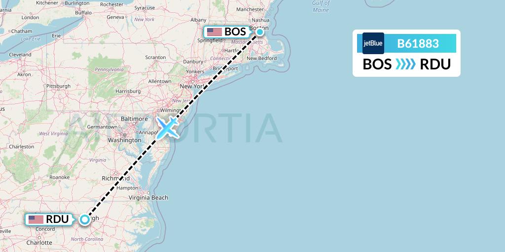 B61883 JetBlue Airways Flight Map: Boston to Raleigh-Durham
