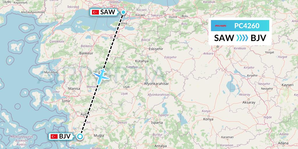 PC4260 Pegasus Airlines Flight Map: Istanbul to Bodrum
