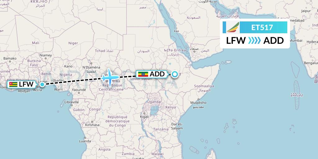 ET517 Ethiopian Airlines Flight Map: Lome to Addis Ababa