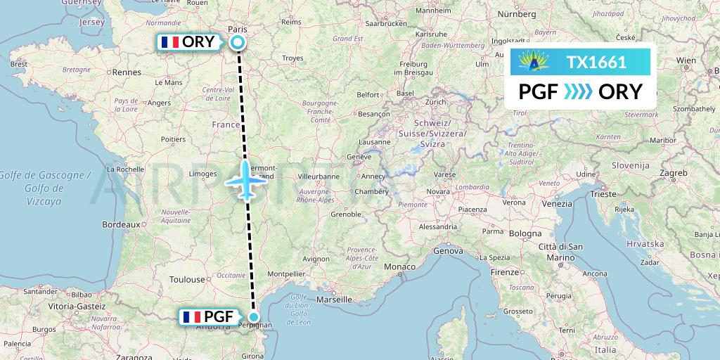 TX1661 Air Caraibes Flight Map: Perpignan to Paris