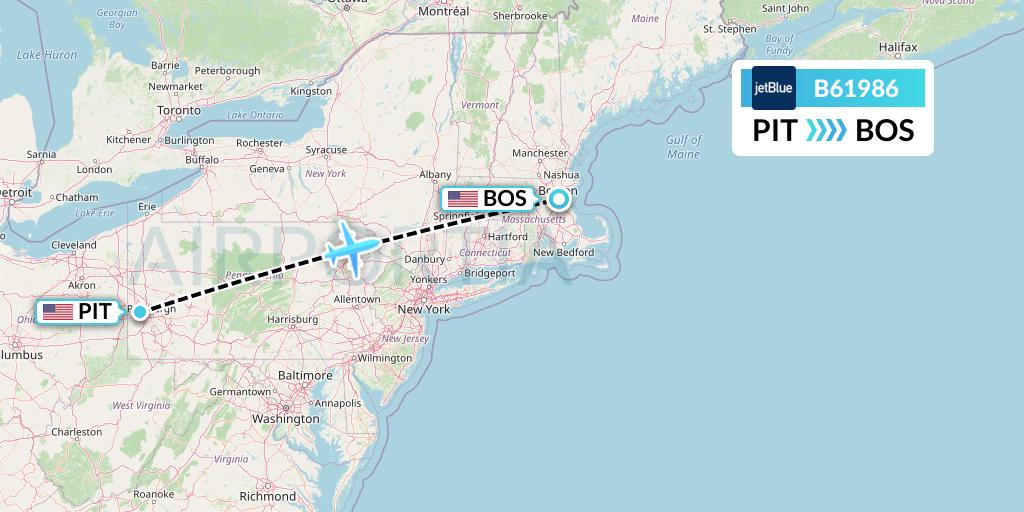 B61986 JetBlue Airways Flight Map: Pittsburgh to Boston