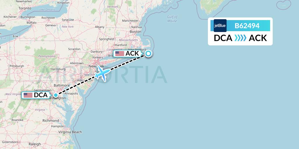 B62494 JetBlue Airways Flight Map: Washington to Nantucket