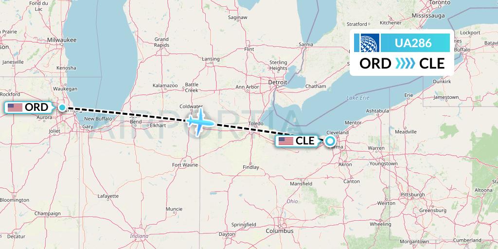 UA286 United Airlines Flight Map: Chicago to Cleveland