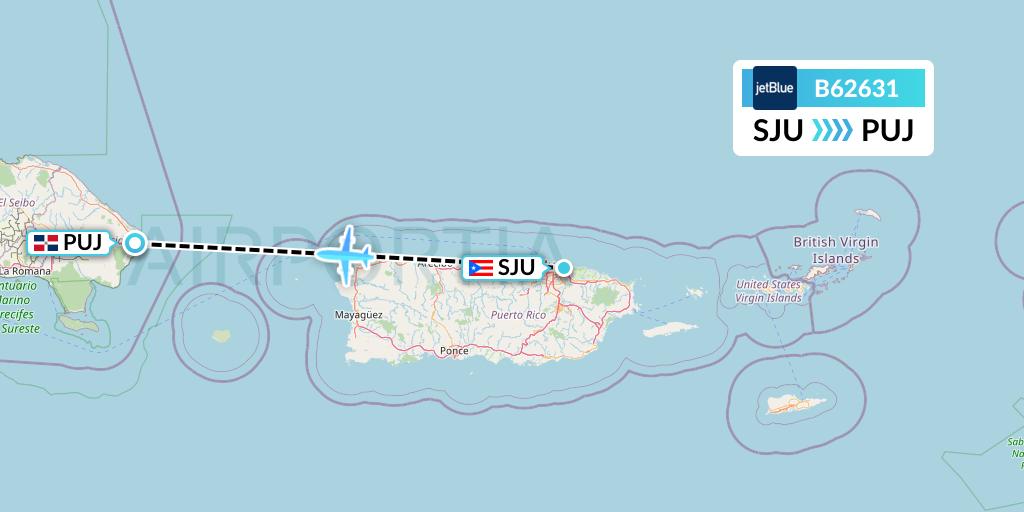 B62631 JetBlue Airways Flight Map: San Juan to Punta Cana